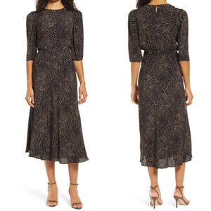 HALOGEN Womens Puff Short Sleeve Bias Cut Animal‎ Print Midi Dress L